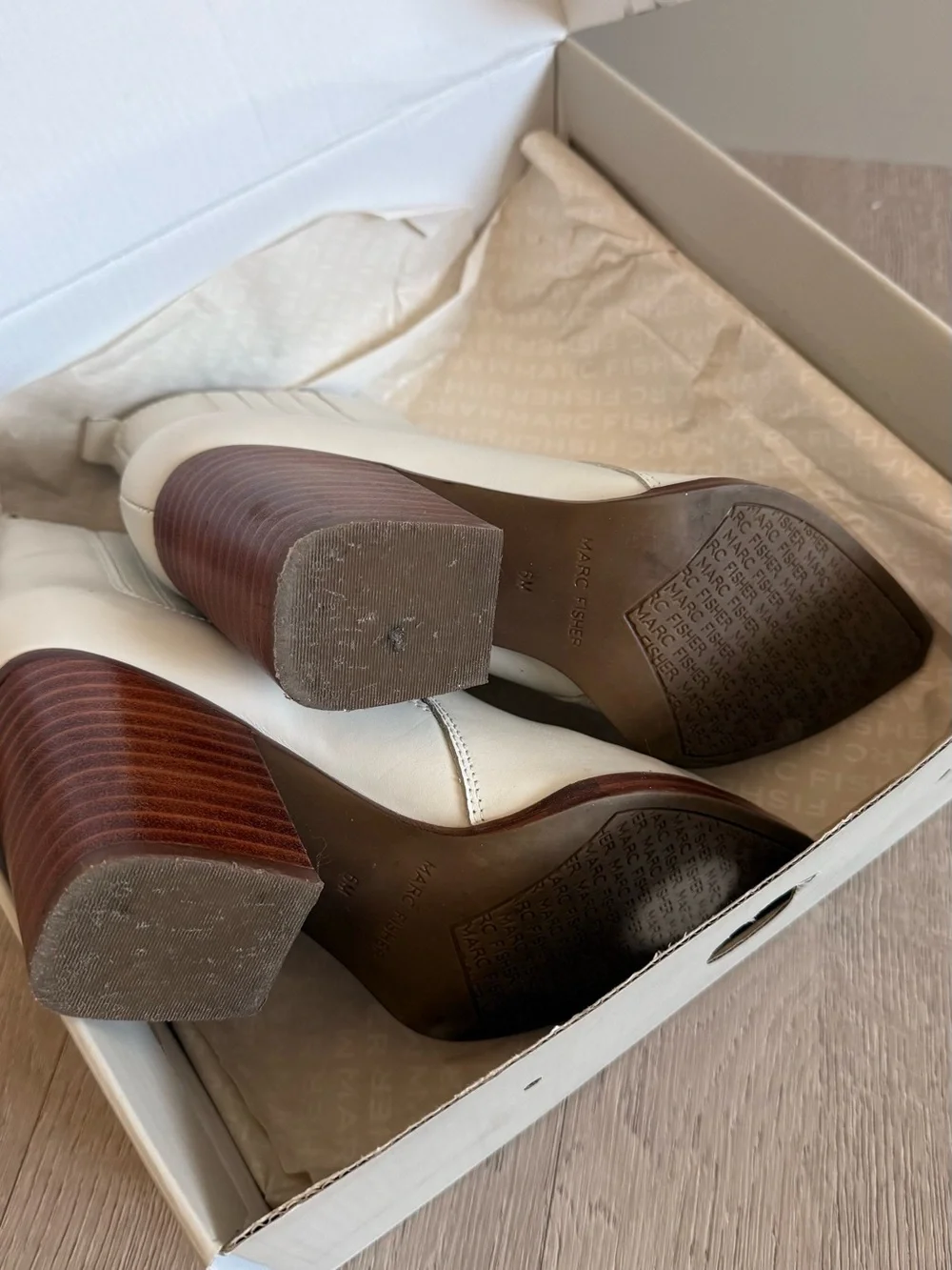 Marc Fisher Cream Leather Ankle Booties with Wood Block Heel